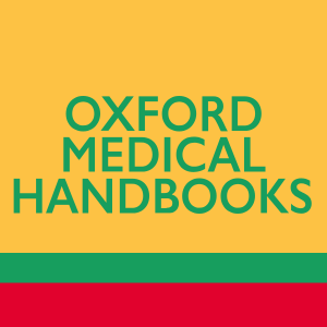 Yellow background with red stripe at bottom and just above is a green stripe. Centred is some green text "Oxford Medical Handtbooks"