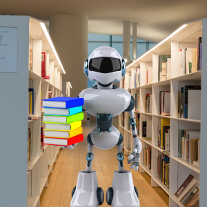 Background shows library shelves filled with books and in the foreground, upfront and centre, is an image of a robot on the left facing the front holding a pile of books. 