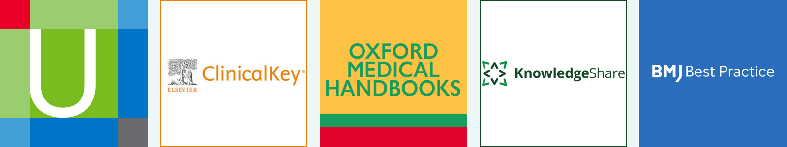 5 images: 1) Bright green background with white text UpToDate 2) Orange background with white text ClinicalKey 3) Yellow background with black text Oxford Medical Handbooks 4) Dark green background with white text KnowledgeShare 5) Blue background with white text BMJ Case Reports