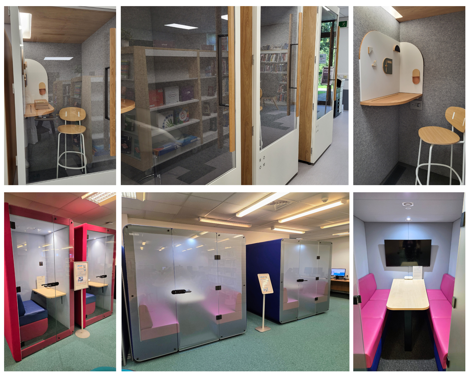 Collage of 6 images showing the pods available at both libraries