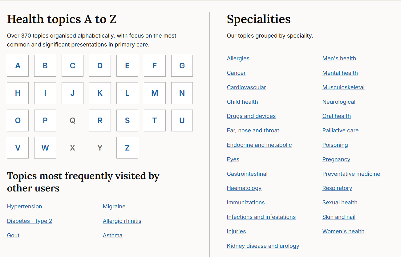 Image is a screenshot of the Clinical Knowledge Summaries showing the A-Z options and Specialities