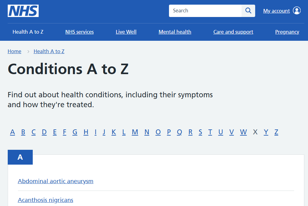 Image is of a screenshot of the NHS Health A to Z webpage showing conditions