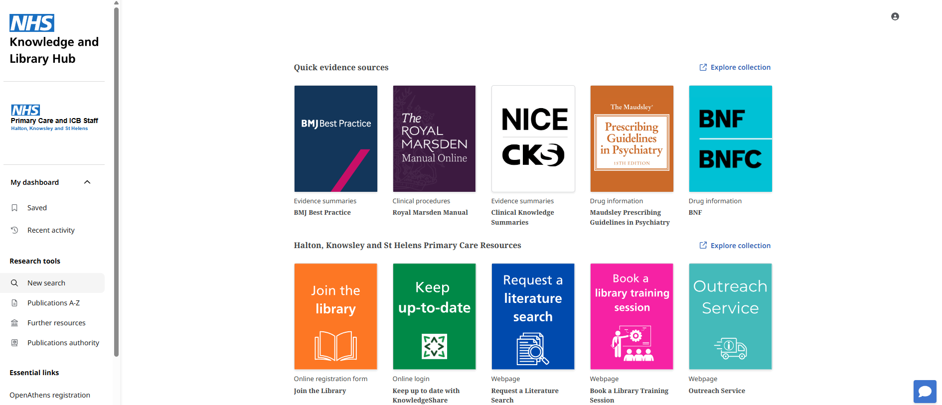 Image is a screenshot of the NHS Library and Knowledge Hub homepage