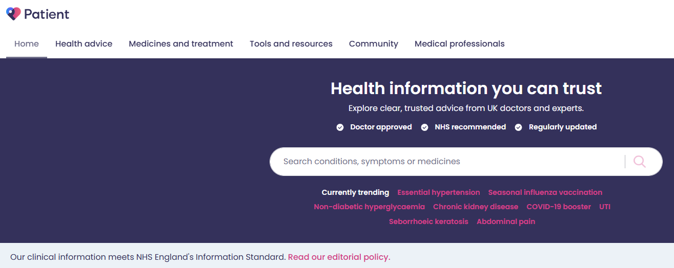 Image is a screenshot of the Patient webpage
