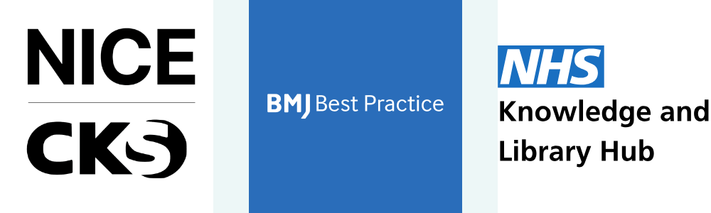 3 Images 1) Clinical Knowledge Summary Logo 2) BMJ Best Practice Logo 3) NHS Knowledge and Library Hub Logo