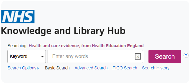 Light grey background. Top left is the text NHS Knowledge and Library Hub, Below is a search box