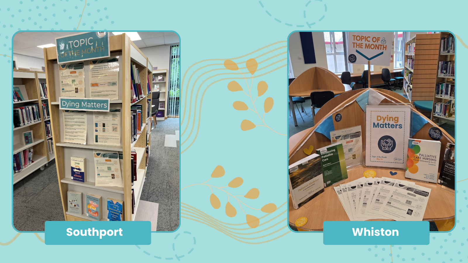 There are 2 pictures, showing the displays at the libraries for May Topic of the Month