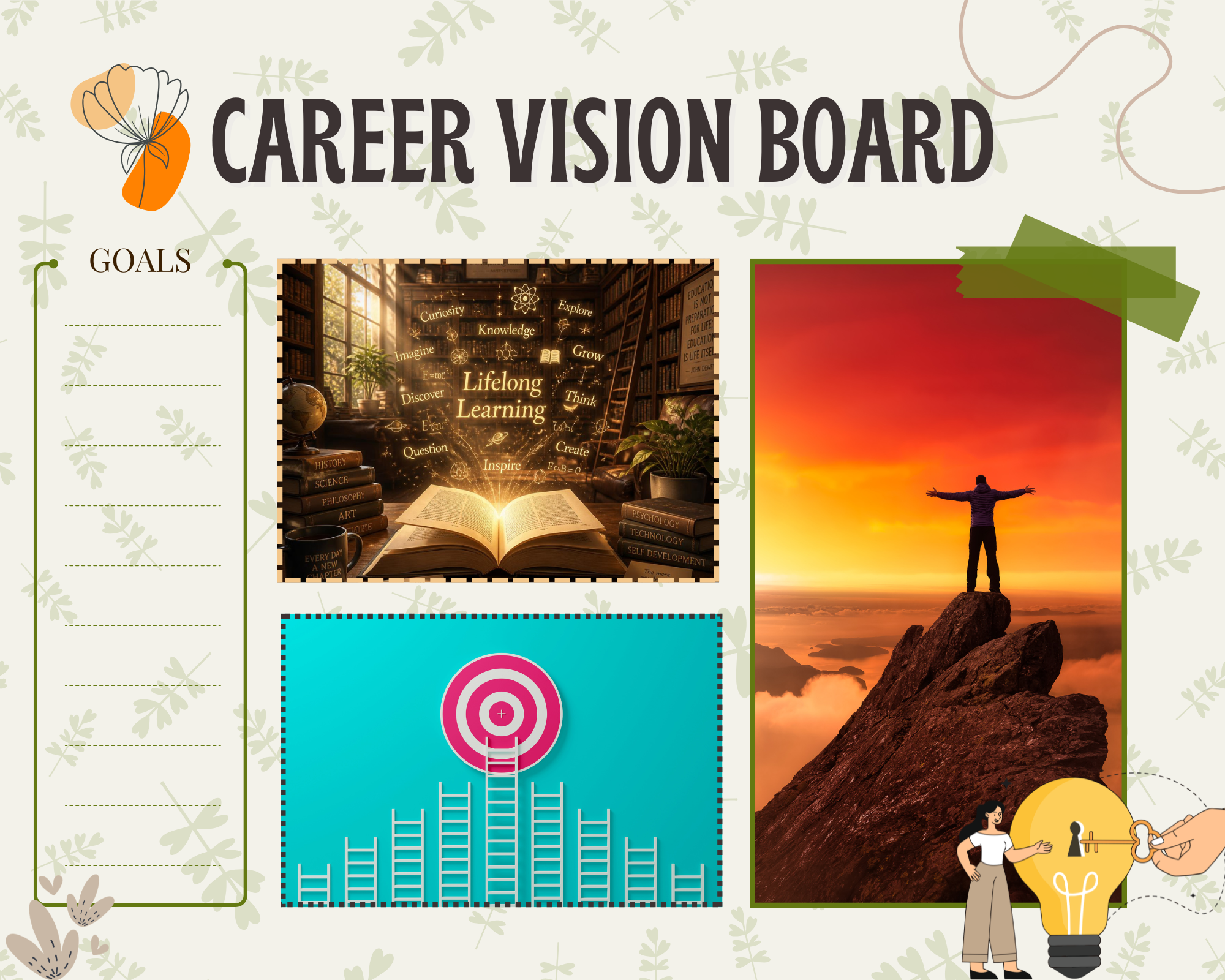 Image of a Career Vision Board, with a space for writing goals on the left and 3 images from the centre showing different photos for lifelong learning, aiming for a target and then achieving your aim.