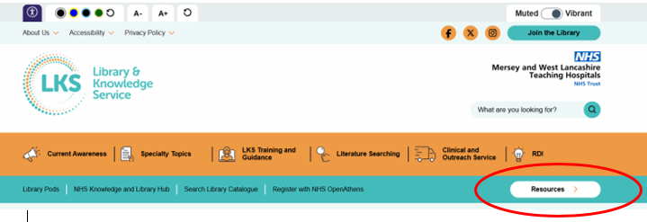 A screenshot of the top of the MWL Library and Knowledge Service website with the resources button circled. 