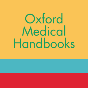 Yellow Background and along the bottom is a red stripe and above that a teal stripe Text centred on yellow in green says Oxford Medical Handbooks