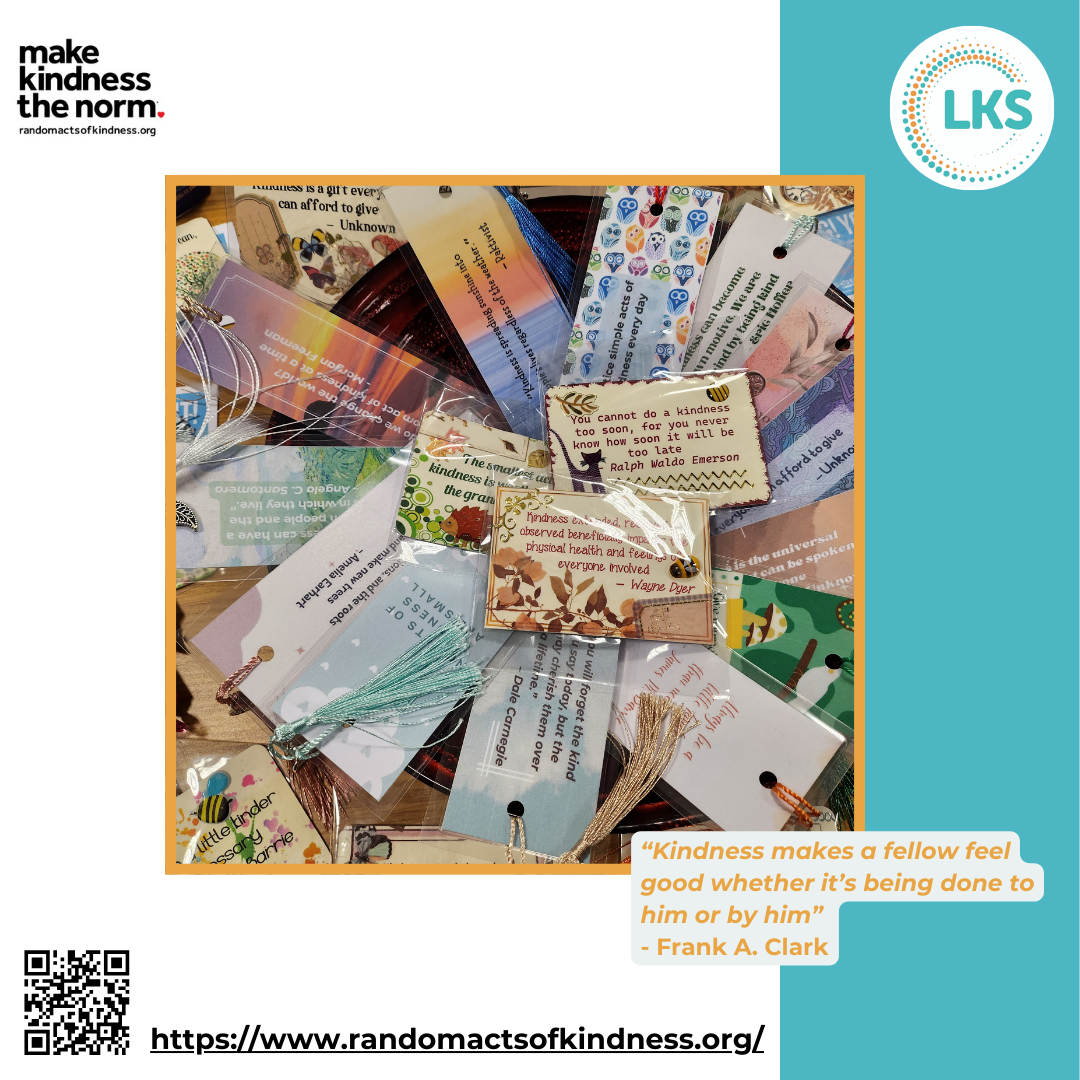 Make kindness the norm. Random Acts of Kindness Week. Image in the centre of bookmarks and fridge magnets